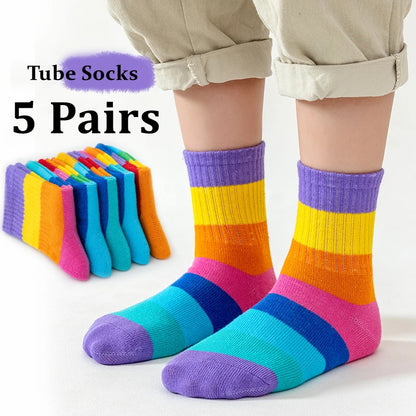 Introduce your little ones to colorful fun with our Kids Fun Rainbow 7 Color Stripes Tube Socks 5PK!