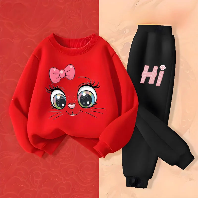 Keep your little one cozy with this playful Girls Fall Kitten Eyes Long Sleeved Pullover-Long Pants featuring a long-sleeved pullover and matching long pants.