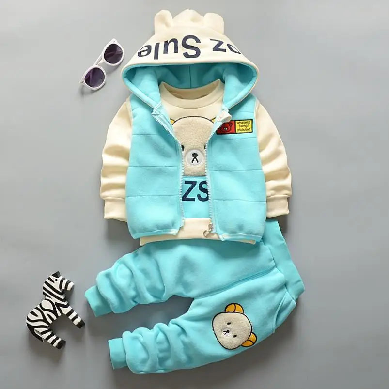 Keep your little one cozy and giggle-ready this winter with our adorable three-piece Toddler Kids Winter Fleece Cartoon Hooded Vest-Coat-Pants! 