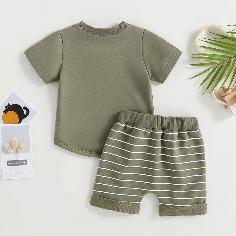 Dress your boy in style with a comfy colorblock tee and striped shorts. Perfect for summer fun, ages 6m-4y.