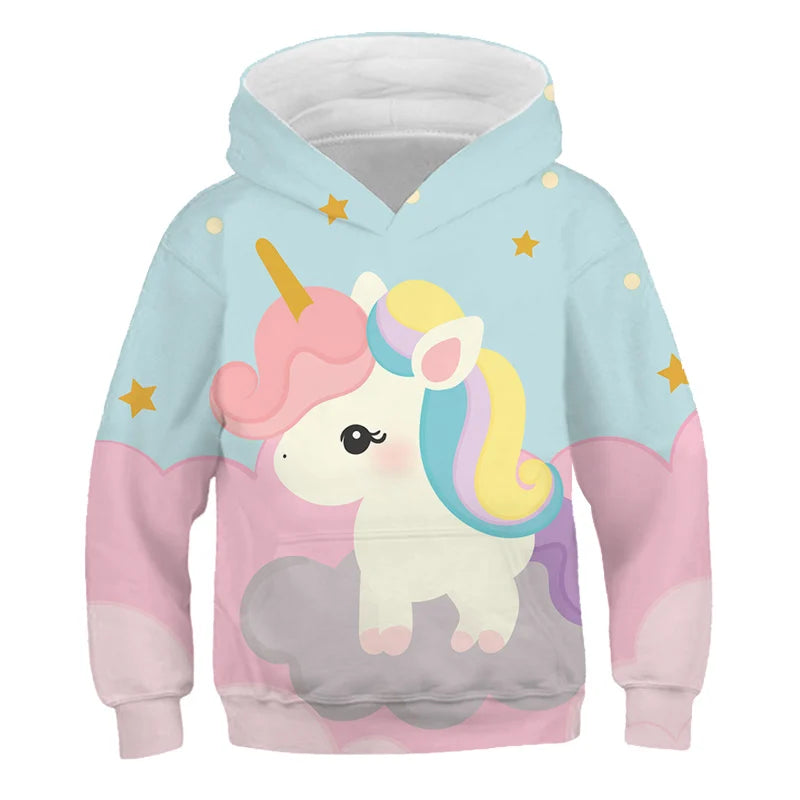 Stay cozy and magical this autumn with our Girls Autumn Long Sleeve Unicorn Hoodie Sweatshirt. Made from soft polyester, this pullover features full sleeves and a playful cartoon unicorn design