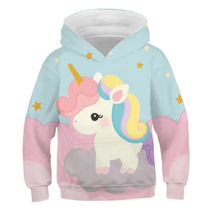 Stay cozy and magical this autumn with our Girls Autumn Long Sleeve Unicorn Hoodie Sweatshirt. Made from soft polyester, this pullover features full sleeves and a playful cartoon unicorn design