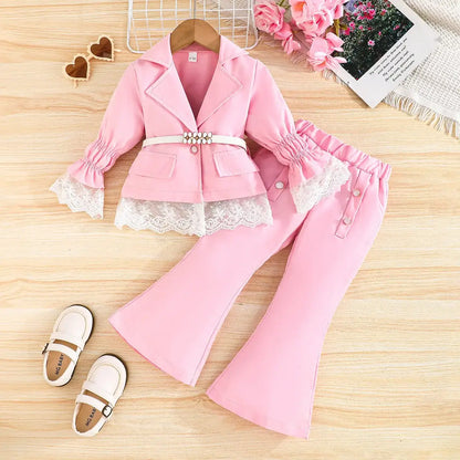 Dress your mini fashionista in this Girls Autumn Full Sleeve Blazer with Belt-Matching Pants set, made from 100% polyester for cozy comfort.