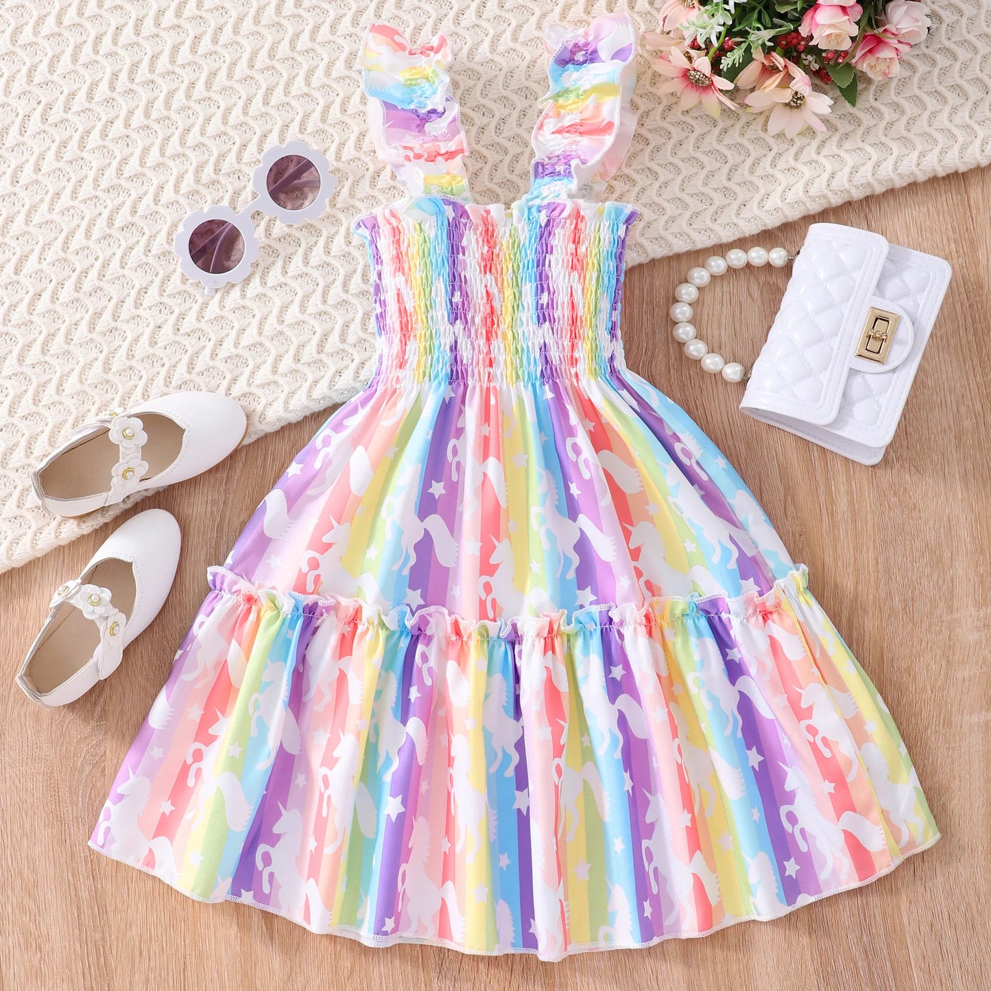 Discover the enchanting beauty of our Summer Girls Mermaid-Butterfly-Rainbow Sleeveless Dresses.