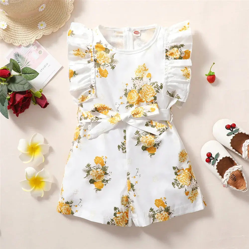 Summer Toddler Girls Sleeveless Belted Floral Print Romper