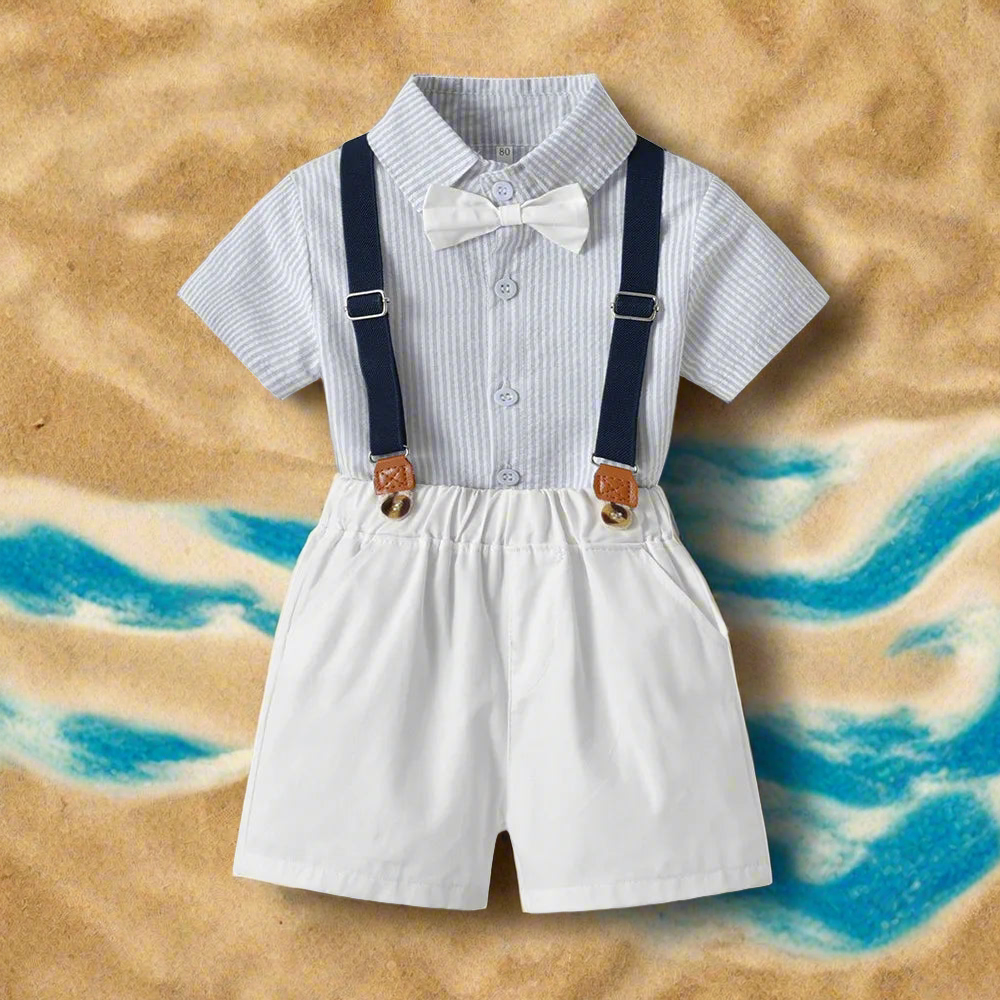 Crafted with superior cotton fabric, our Toddler Boys Bowtie Shirt and Suspenders Set exudes luxury and sophistication.