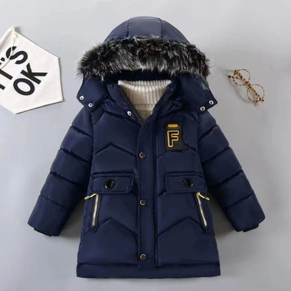 Stay warm and stylish this winter with our Winter Boys Solid Color Hooded Down Coat!