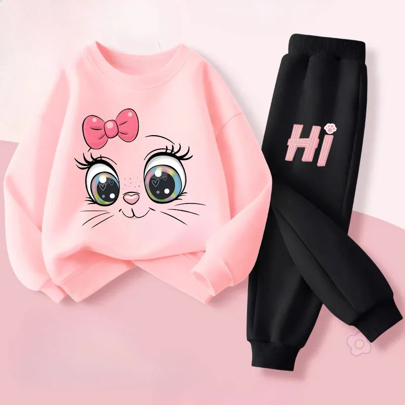 Keep your little one cozy with this playful Girls Fall Kitten Eyes Long Sleeved Pullover-Long Pants featuring a long-sleeved pullover and matching long pants.