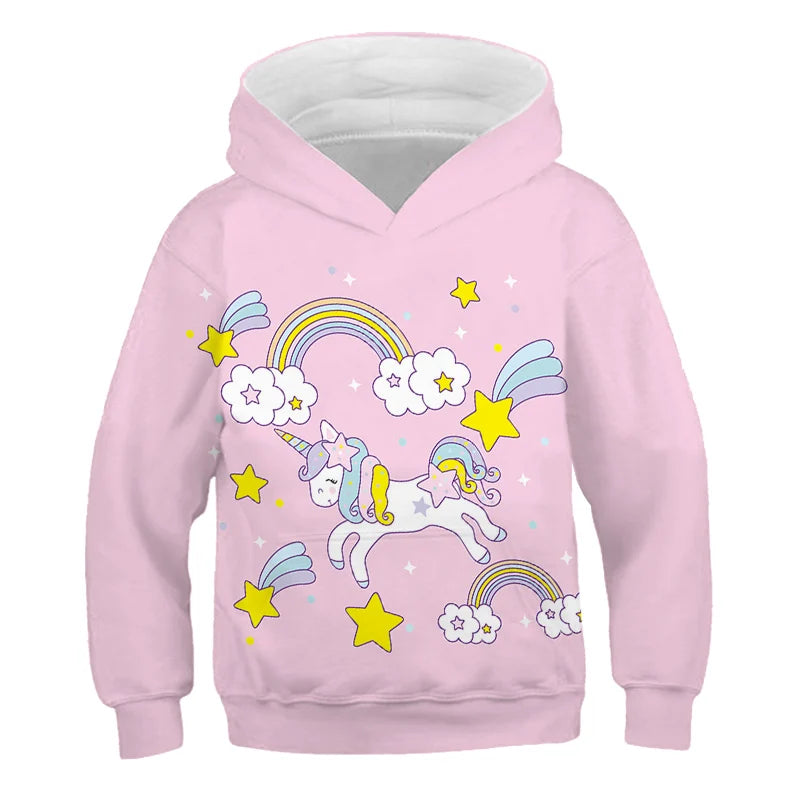Stay cozy and magical this autumn with our Girls Autumn Long Sleeve Unicorn Hoodie Sweatshirt. Made from soft polyester, this pullover features full sleeves and a playful cartoon unicorn design