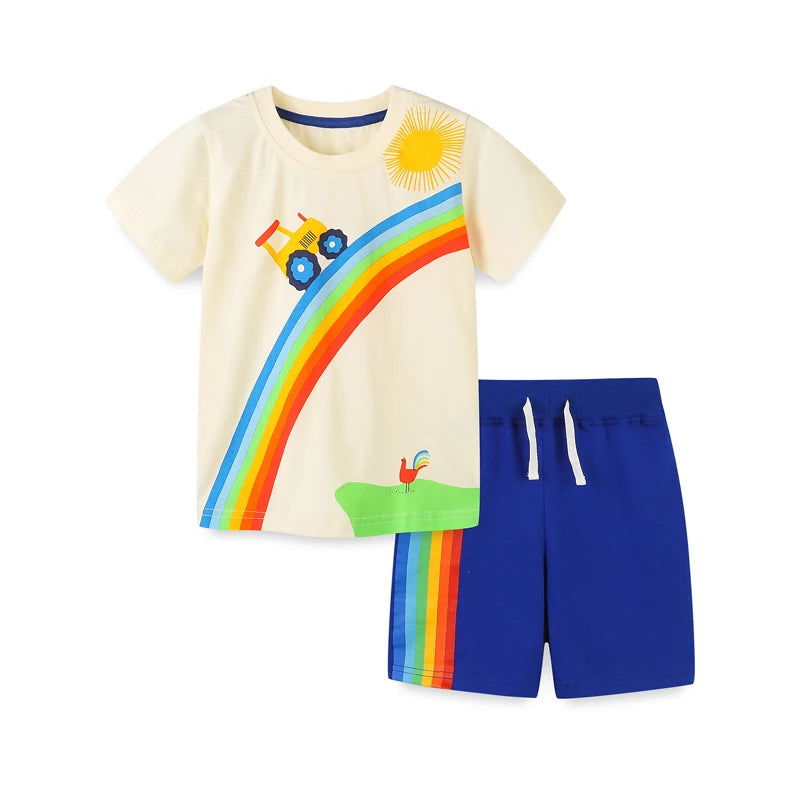 Get your little one ready for summer fun with our Summer Toddler Boys Tractor and Rainbow Appliques Shirt & Shorts!