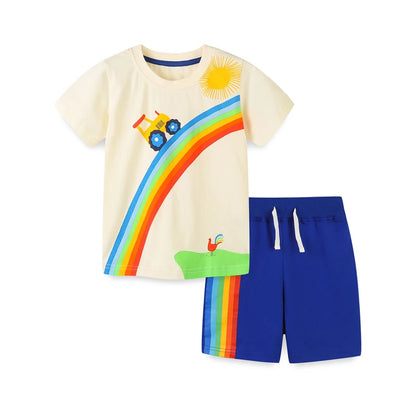 Summer Toddler Boys Tractor and Rainbow Appliques Shirt & Shorts