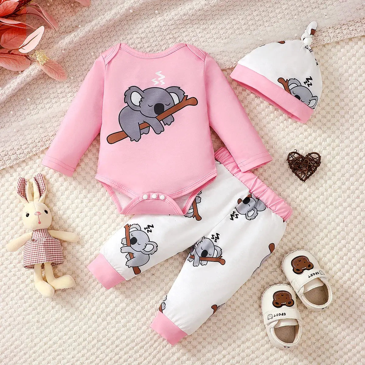 Keep your little one cozy and adorable this autumn with our Newborn Girls Autumn Koala Jumpsuit-Pants and Hat. Made from soft polyester and spandex
