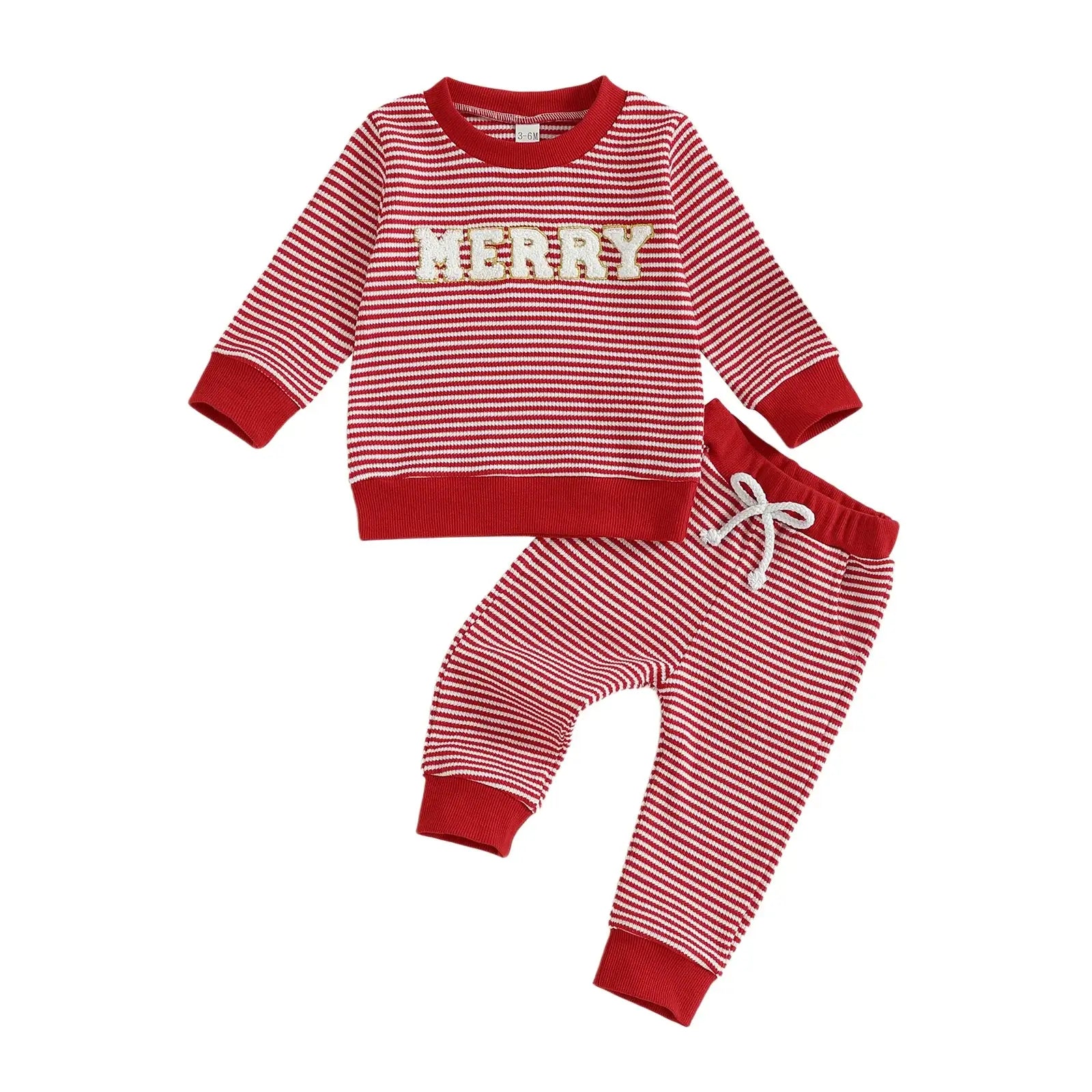Get ready for the Newborn-Infants Christmas Striped Sweatshirt-Elastic Pants! This set features a long-sleeve sweatshirt paired with comfy elastic-waist pants. 