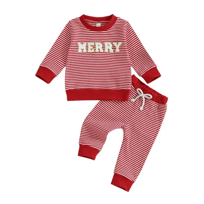 Get ready for the Newborn-Infants Christmas Striped Sweatshirt-Elastic Pants! This set features a long-sleeve sweatshirt paired with comfy elastic-waist pants. 