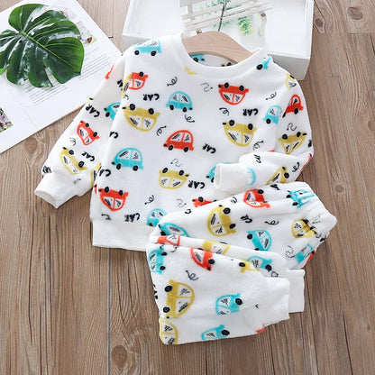 Keep your little one cozy and cute with these Toddler Boys Winter Flannel Cartoon Pattern Pajamas! Designed with a fun cartoon pattern.