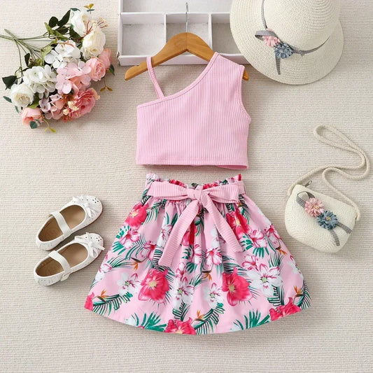 Summer Girls One Shouler Strap Vest Top & Floral Print Skirt