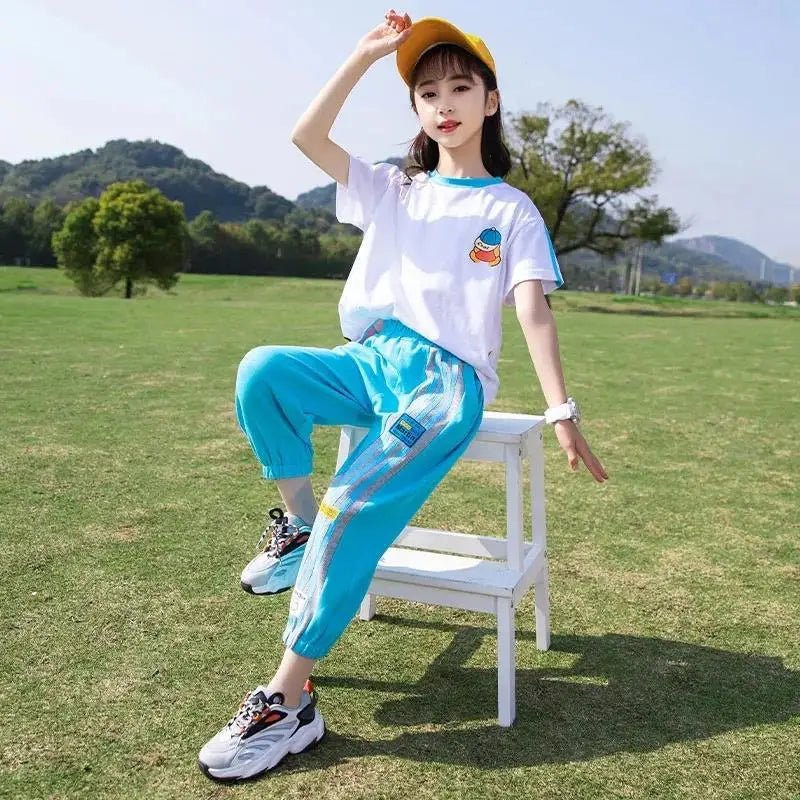 Summer Girls Contrast Cartoon Tops+Striped Sweatpants