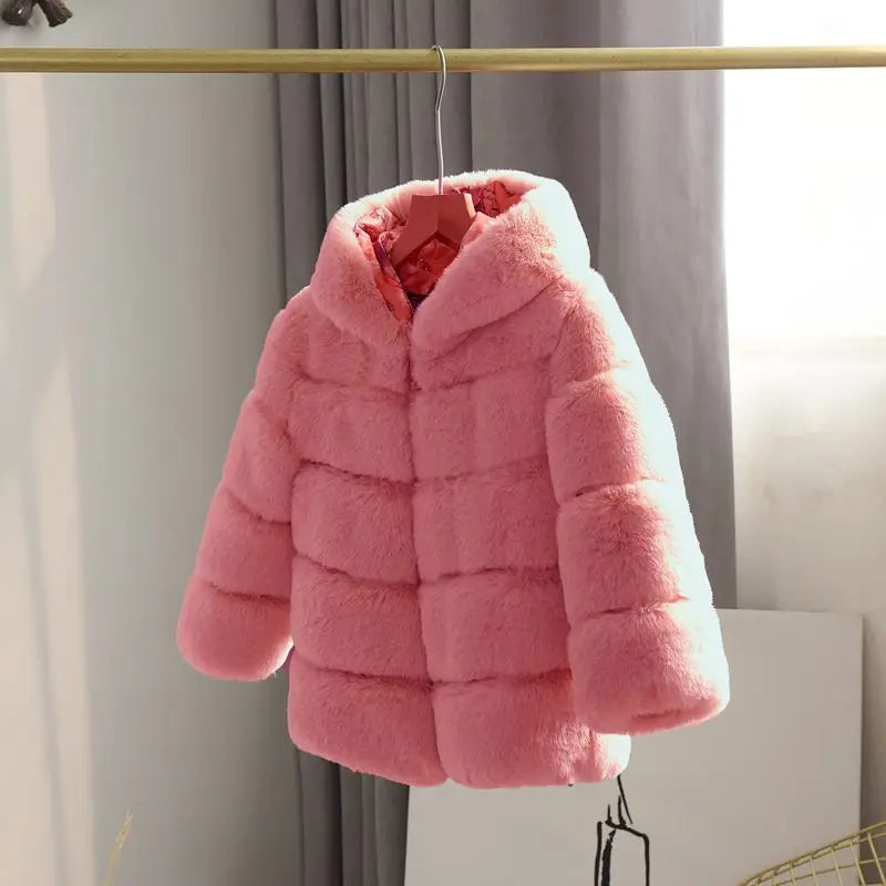 Bundle up your little fashionista with this Winter Girls Hooded Imitation Rabbit Hair Coat!