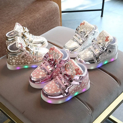 Step into the spotlight with these radiant Girls Cute Glowing Princess LED Sneakers