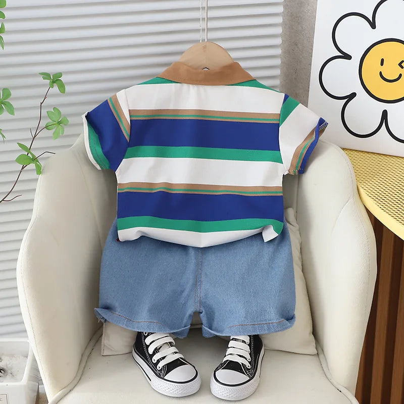 Get your little boy ready for summer with our Summer Toddler Boys Striped Bear Polo Shirt and Denim Shorts set.