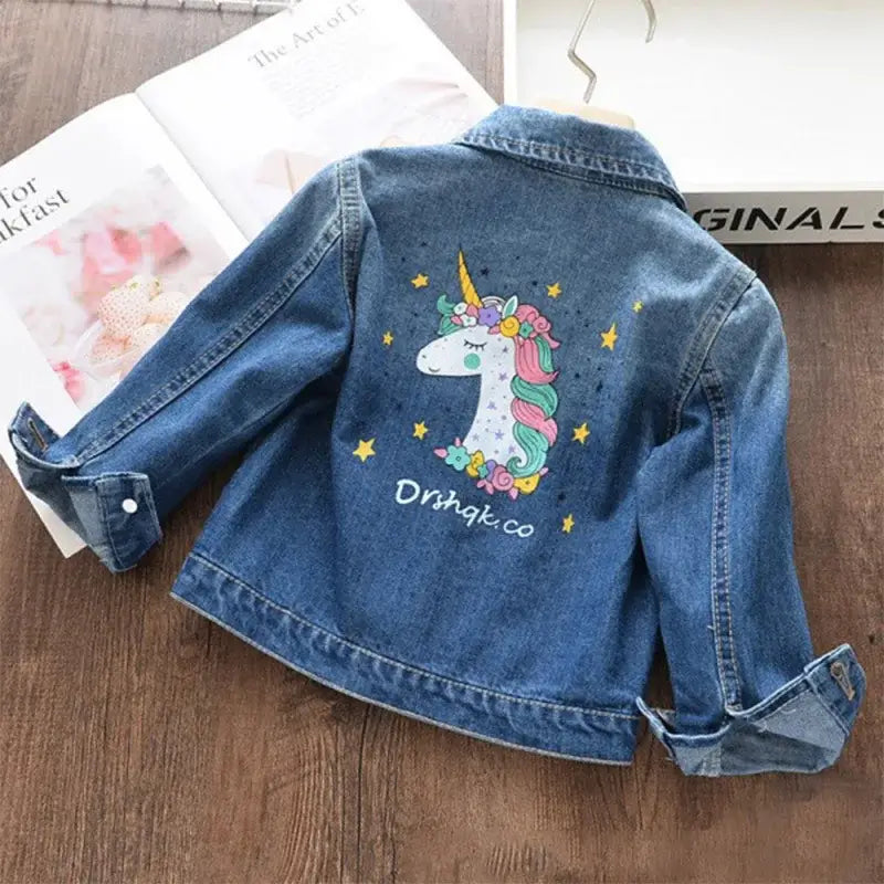 Sprinkle some magic into your child's wardrobe with our Girls Fashion Cartoon Unicorn Denim Jacket.