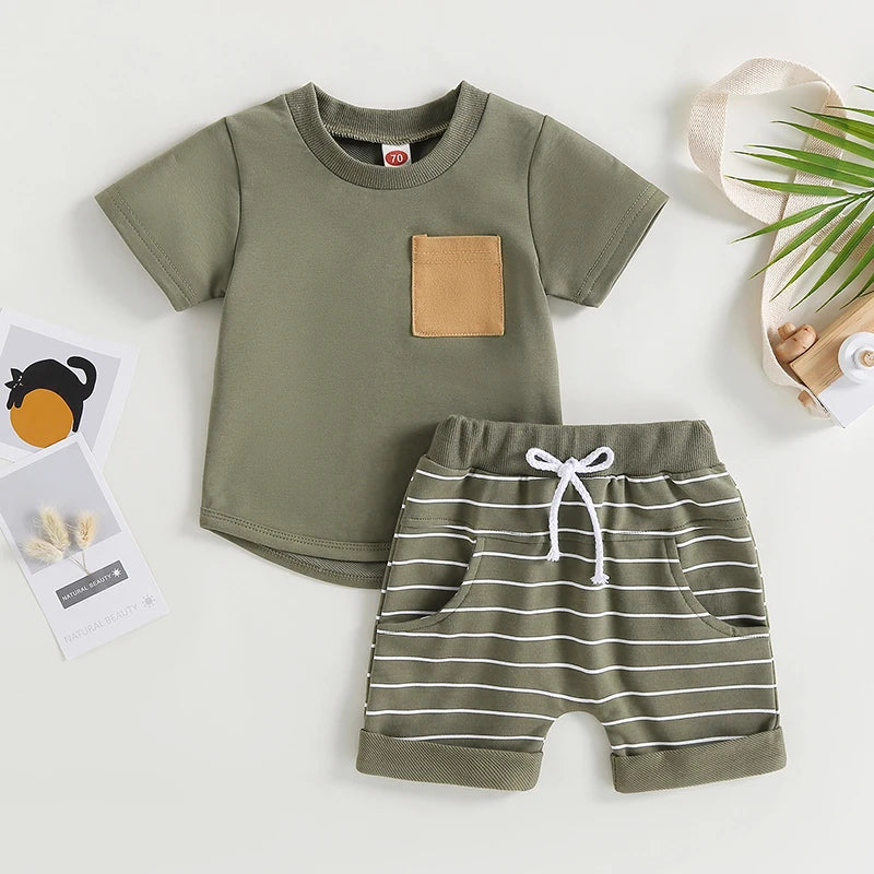 Summer Toddler Boys Short Sleeve Colorblock T-shirt with Striped Shorts