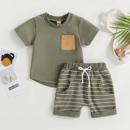 Summer Toddler Boys Short Sleeve Colorblock T-shirt with Striped Shorts