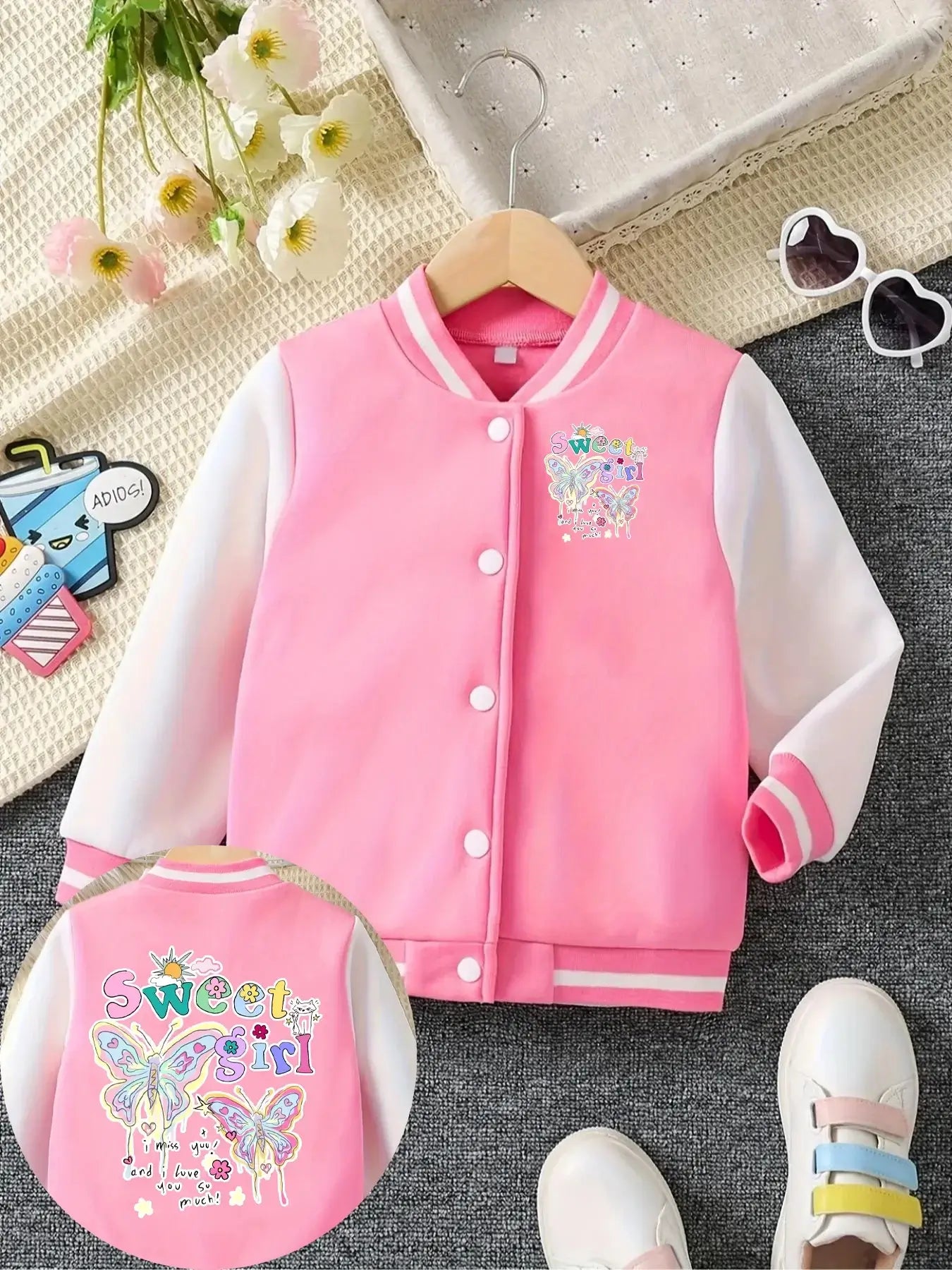 Shop the Girls Autumn Butterfly-Printed Pink Baseball Jackets for cozy comfort and stylish flair. Perfect for trendy girls aged 7-13 this fall!