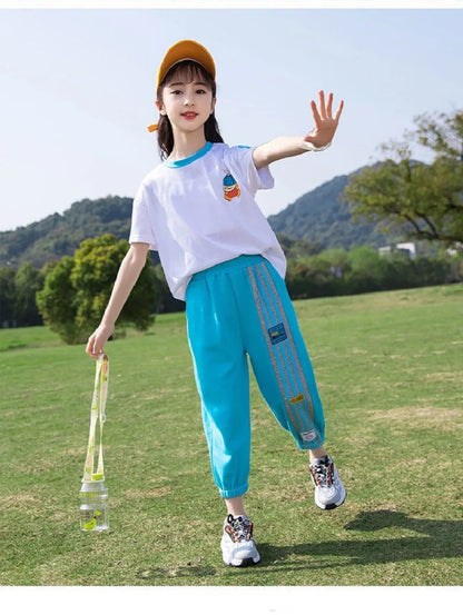 Summer Girls Contrast Cartoon Tops+Striped Sweatpants