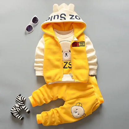 Keep your little one cozy and giggle-ready this winter with our adorable three-piece Toddler Kids Winter Fleece Cartoon Hooded Vest-Coat-Pants! 