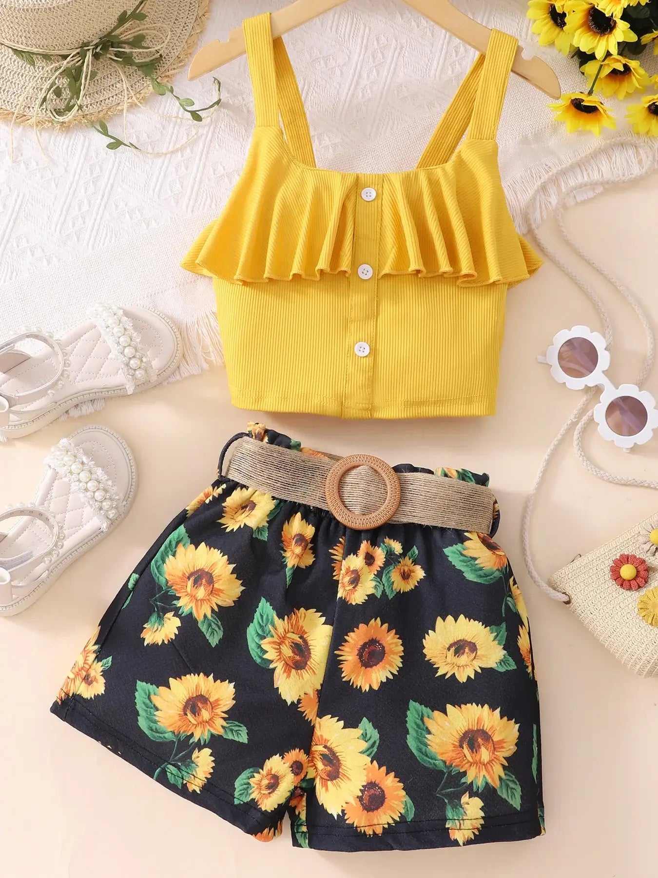 Summer Big Girls Sleeveless Tank Top with Eye-Catching Sunflower Printed Shorts