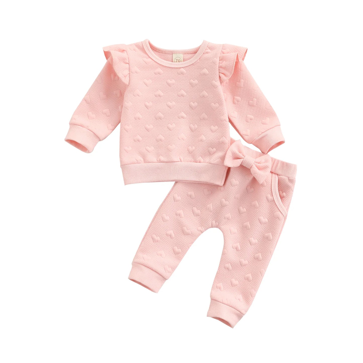 Dress your little one in cozy cuteness with this pink Newborn Girls Autumn Long Sleeve Heart Printed Sweatsuit. Made from a soft, breathable cotton-polyester blend