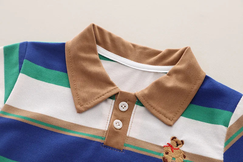 Get your little boy ready for summer with our Summer Toddler Boys Striped Bear Polo Shirt and Denim Shorts set.