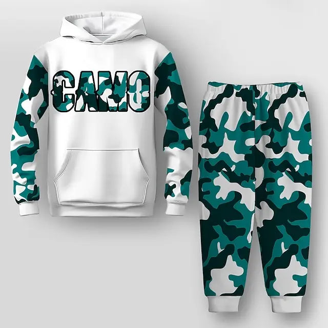 Autumn Boys Graphic Letter Camouflage 3D Print Sweatshirt Set