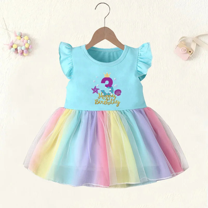 This Toddler Girls Gold Letter Print Birthday Rainbow Dress is a perfect choice for your little one to make a statement.