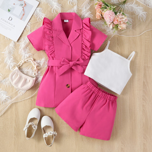 Summer Girl Tank Top-Short Sleeved Lapel Suit Jacket & Shorts