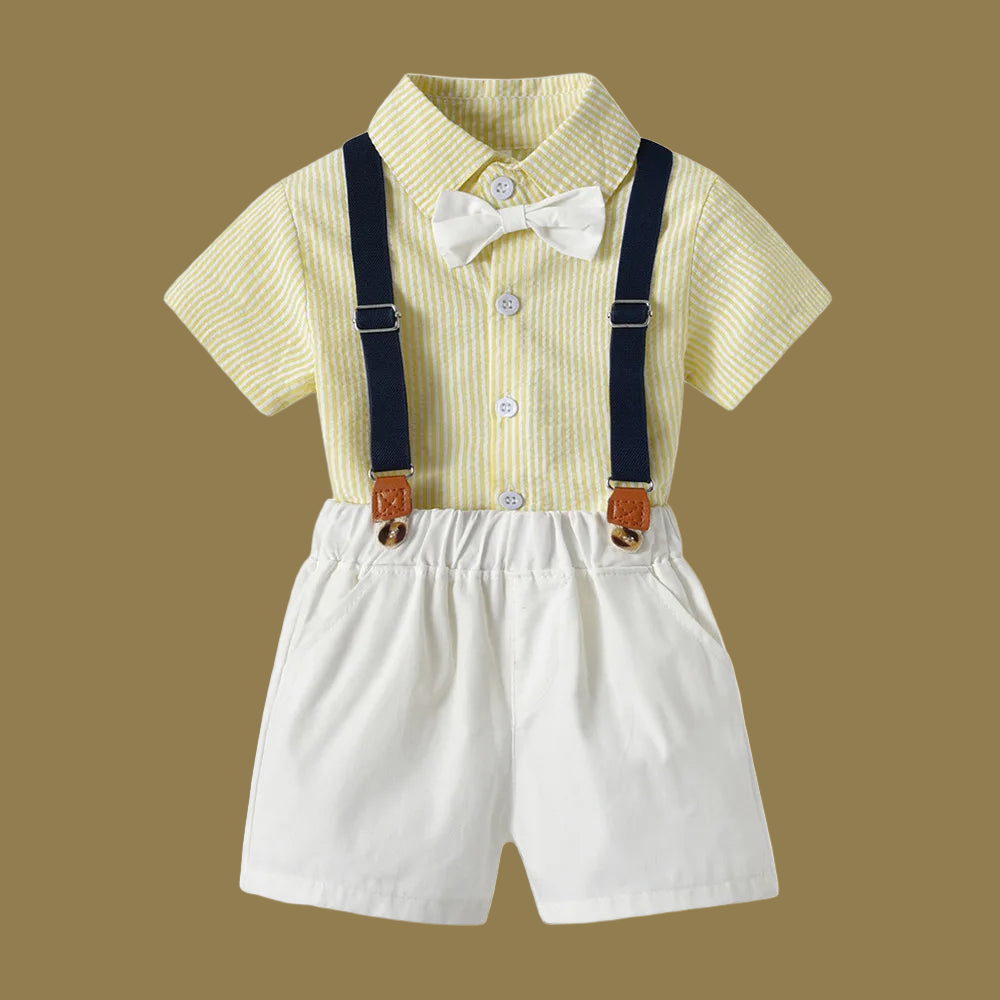 Crafted with superior cotton fabric, our Toddler Boys Bowtie Shirt and Suspenders Set exudes luxury and sophistication.