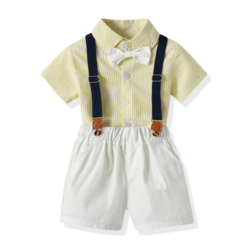 Crafted with superior cotton fabric, our Toddler Boys Bowtie Shirt and Suspenders Set exudes luxury and sophistication.