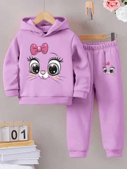 Girls Autumn Kitty Cat Face Hooded Sweatshirt & Pants