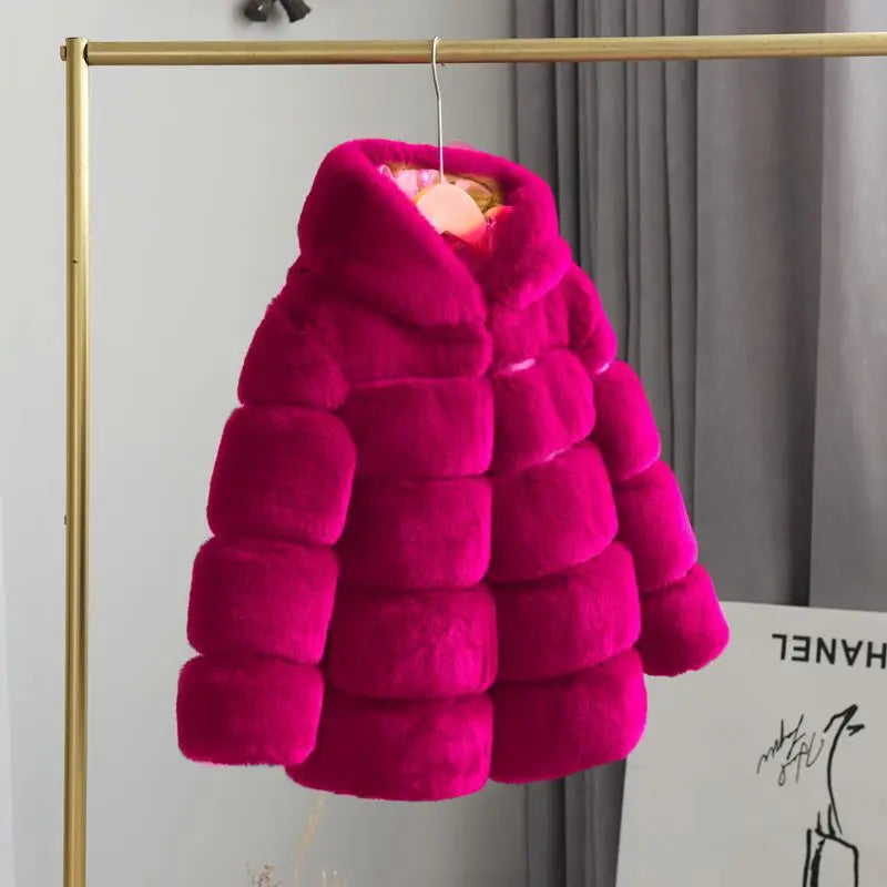 Bundle up your little fashionista with this Winter Girls Hooded Imitation Rabbit Hair Coat!