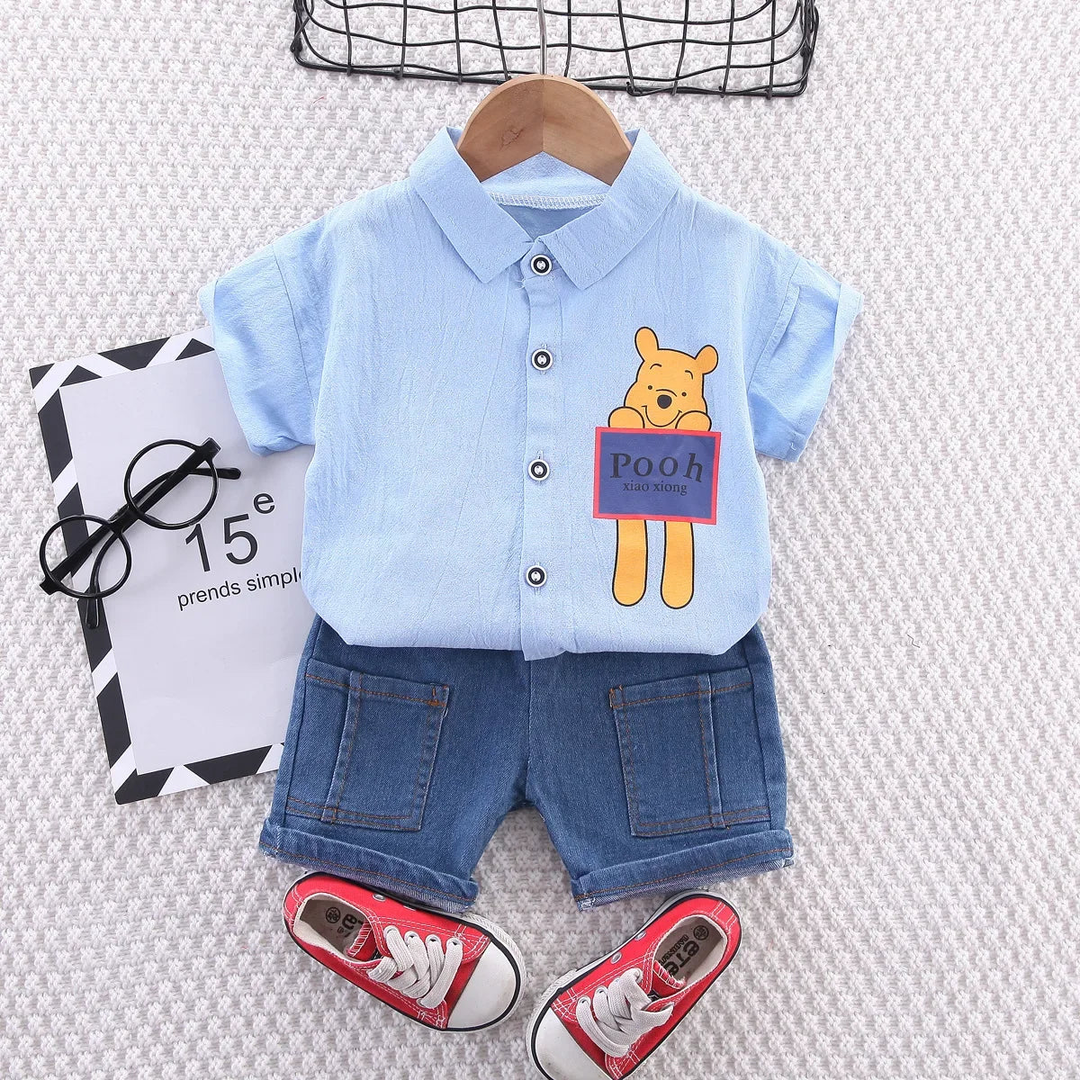 Summer Toddler Boys POOH Bear Shirt & Denim Pocket Shorts