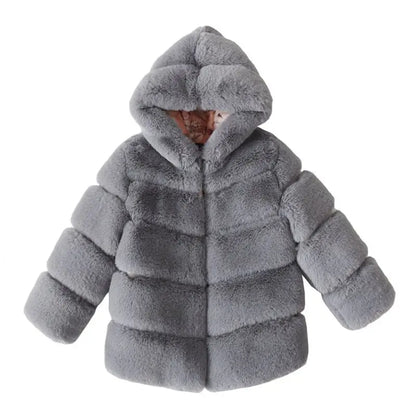 Bundle up your little fashionista with this Winter Girls Hooded Imitation Rabbit Hair Coat!