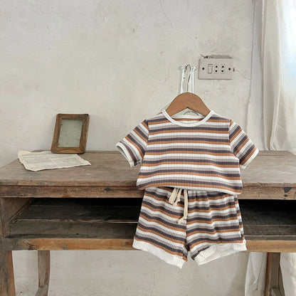 Get ready for warmer weather with these Summer Infant Boys Short Sleeve Striped Tops and Shorts!