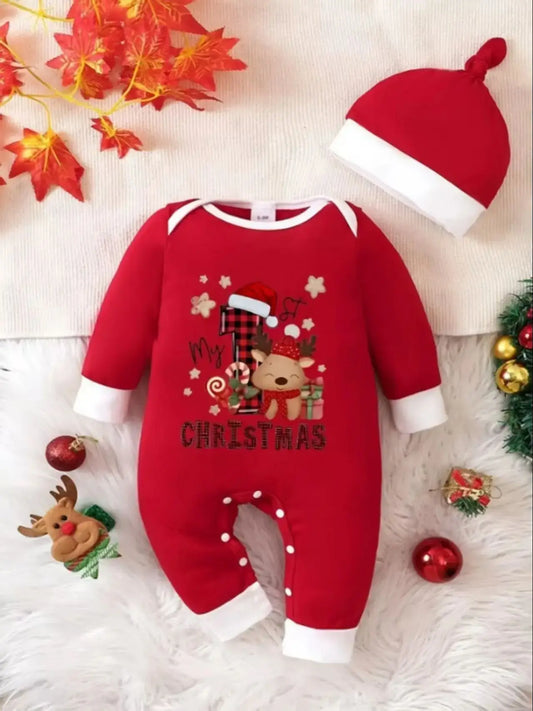 Introduce your little one to the holiday season in style with this adorable Newborn-Infant MY FIRST CHRISTMAS Romper With Hat! 