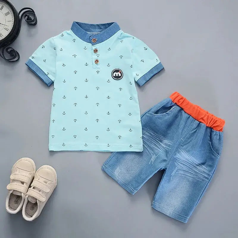 Summer Toddler Boys ANCHOR Polo Shirt & Denim Shorts