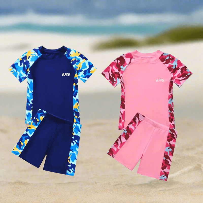 Explore summer with our Kids Quick Dry Bathing Suits 2PC Set! Suitable for both boys and girls aged 6-16. Chlorine and wear-resistant.