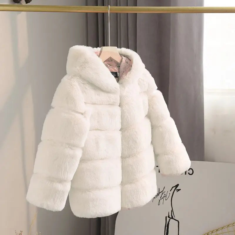 Bundle up your little fashionista with this Winter Girls Hooded Imitation Rabbit Hair Coat!