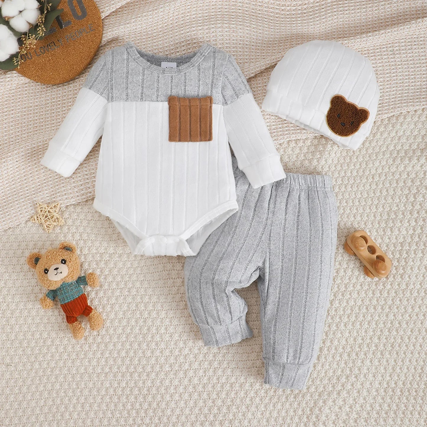Dress your little guy in style with this Newborn Boys Autumn Color Blocked Romper+Pants+Hat Set that's basically a fashion statement 