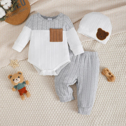 Dress your little guy in style with this Newborn Boys Autumn Color Blocked Romper+Pants+Hat Set that's basically a fashion statement 