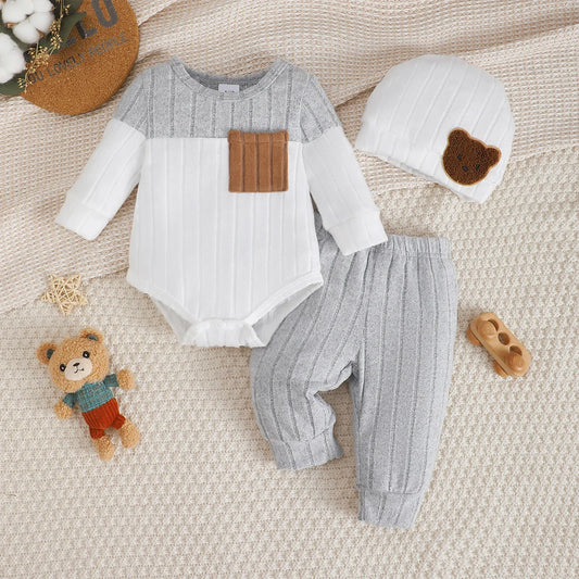 Dress your little guy in style with this Newborn Boys Autumn Color Blocked Romper+Pants+Hat Set that's basically a fashion statement 